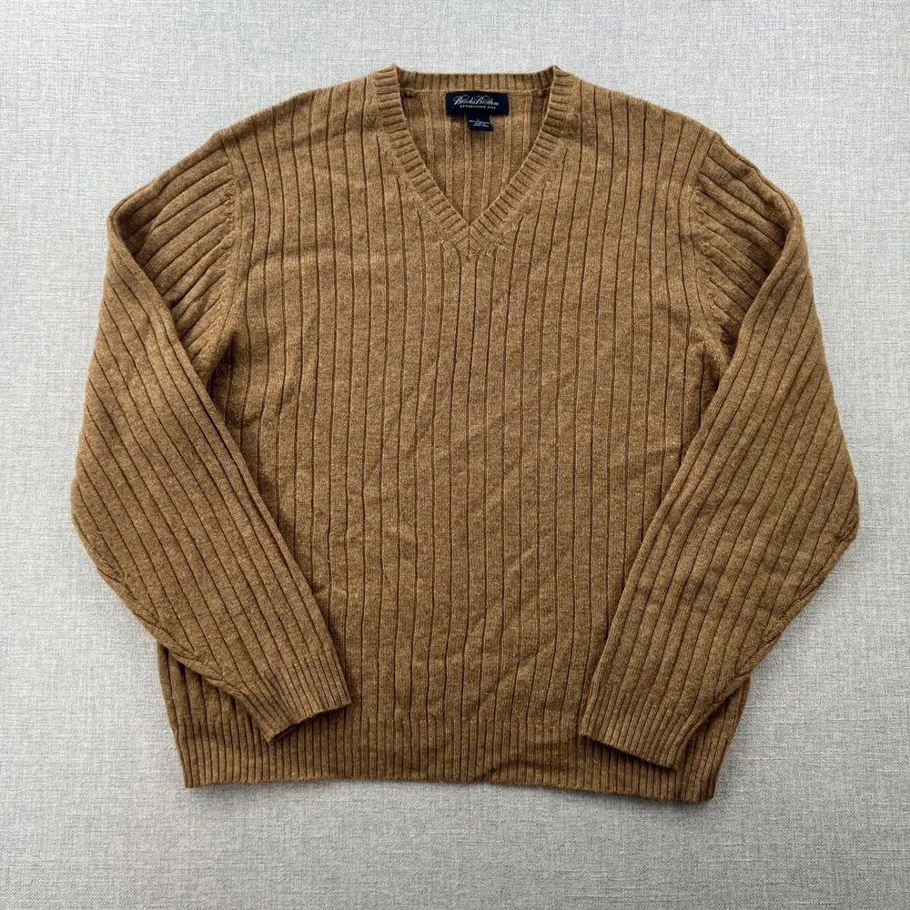 VTG 90s Brooks Brothers V-Neck Sweater Men Large Camel Lambswool Ribbed Knit Ivy